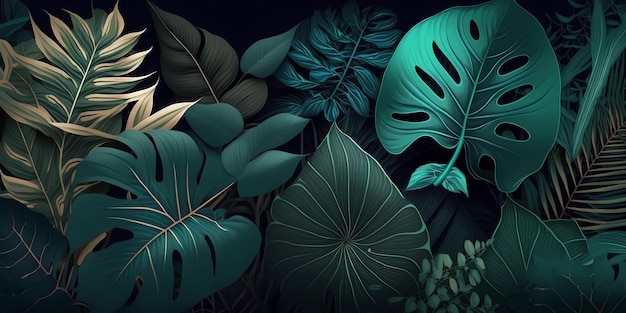 Close-up tropical, fundo de folhas verdes escuras. Vegetação exuberante e fantasiosa, gerada por IA
