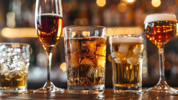 Close-up de varias bebidas alcohólicas en un bar iluminado por una iluminación suave que muestra una atmósfera acogedora y acogedura