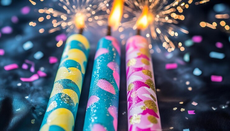 un close-up de velas con fuegos artificiales detrás de ellos