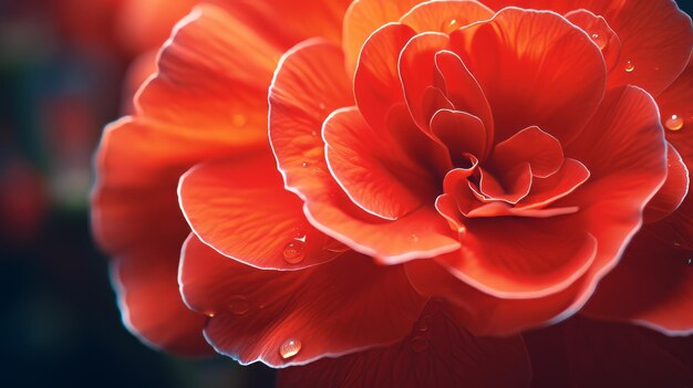 Close-up vibrante de uma flor de begônia com detalhes nítidos e fundo desfocado