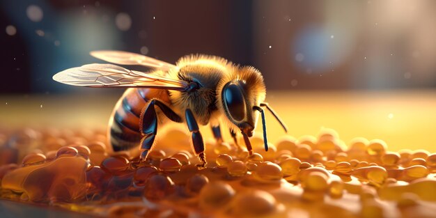 Close-up vista de uma colméia de abelhas em um favo de mel com copyspace As abelhas produzem mel fresco e saudável Conceito de apicultura Estilo 3D Generative Ai