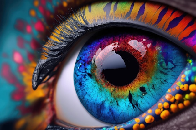 Close-up vista do olho feminino com globo ocular multicolorido e pó de maquiagem colorido