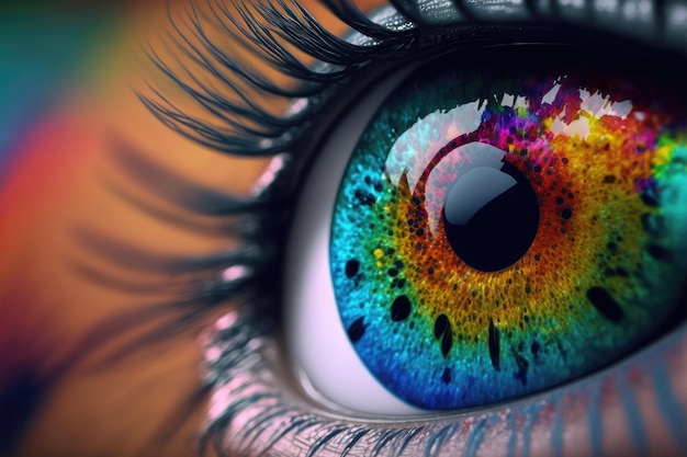 Close-up vista do olho feminino com globo ocular multicolorido e pó de maquiagem colorido