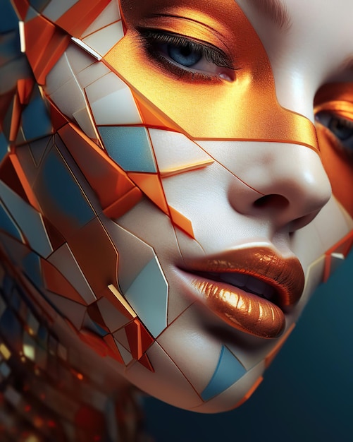 Close-up vista do rosto feminino com maquiagem de moda multicolorida brilhante Generative AI