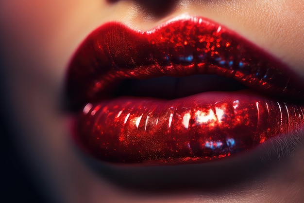 Close-up vista dos lábios da mulher com cor de batom vermelho ai generative