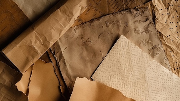 Foto close-up vista superior cheia de recortes de pedaços de papel de texturas de papel autênticas jornais vintage e fundo de literatura clássica
