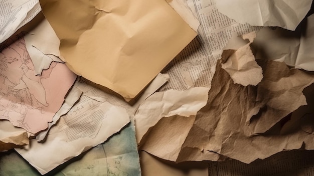 Close-up vista superior cheia de recortes de pedaços de papel de texturas de papel autênticas jornais vintage e fundo de literatura clássica