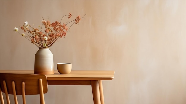 Close-up von Design-Holztisch mit stilvollen Stühlen Blumen in Vase und eleganten AC Generative AI