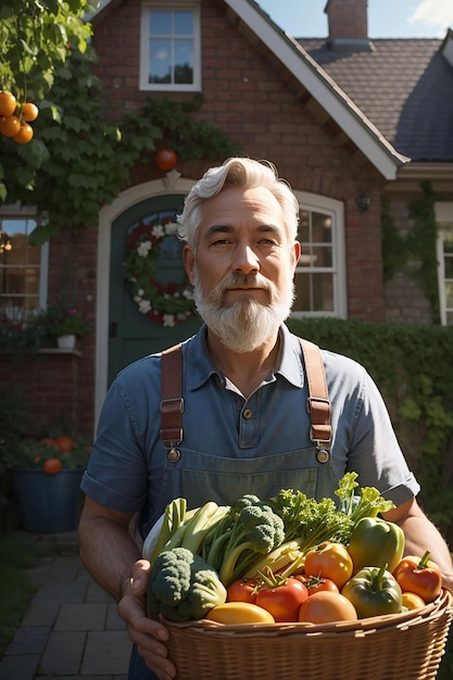 Close-up von einem alten Bauern, der einen Korb mit Gemüse hält. Der Mann steht im Garten.