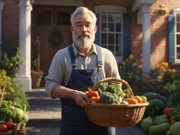 Close-up von einem alten Bauern, der einen Korb mit Gemüse hält. Der Mann steht im Garten.
