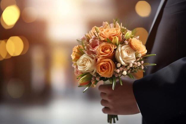 Close-up von einem Mann, der einen Anzug trägt und einen Haufen Blumen im Bokeh-Stil hält