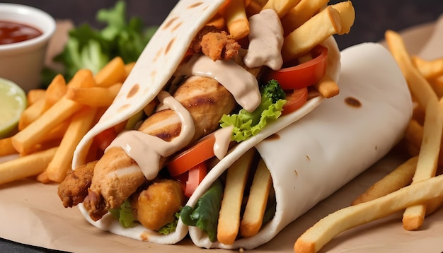 Close-up von einem shawarma mit Hühnerfrites und Gemüse auf einem braunen Hintergrund