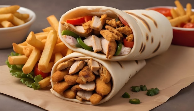 Close-up von einem shawarma mit Hühnerfrites und Gemüse auf einem braunen Hintergrund