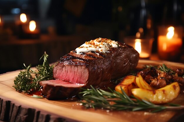 Close-up von gegrilltem Rindfleischsteak mit gebackener Kartoffel und Soße auf einem Holzbrett