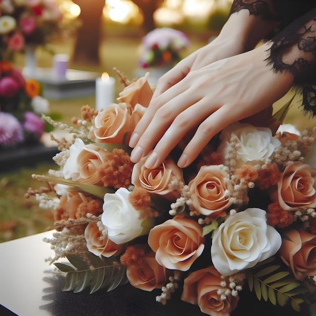 Close-up von Händen, die Blumen auf ein Grab auf einem Friedhof legen