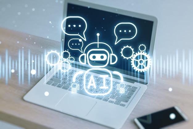 Close-up von Laptop auf dem Schreibtisch mit Smartphone und kreativem leuchtenden Roboter ai Hologramm auf verschwommenem Hintergrund Automatisiertes maschinelles Lernen und Konversationsassistenzkonzept 3D-Rendering
