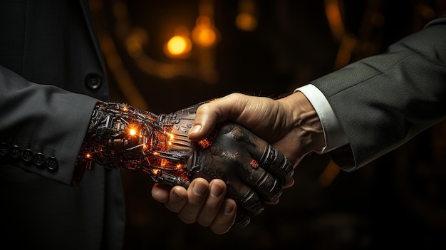 Close-up von männlichen Händen, die einen Roboter-Handschlag mit glühendem hellen Hintergrund halten