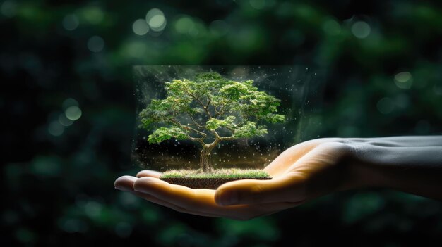 Close-up von menschlichen Händen, die ein Glasgefäß mit einem grünen Baum darin halten