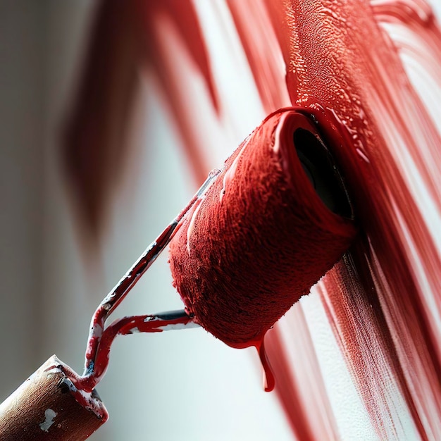 Close-up von Roller, der eine weiße Wand mit roter Farbe malt