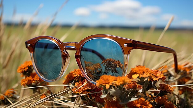 Close-up von Sonnenbrillen auf einem Tisch mit Reflexion im Hintergrund