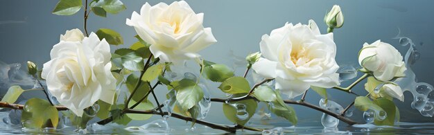 Foto close-up von weißen rosen und grünen blättern auf dunklem hintergrund