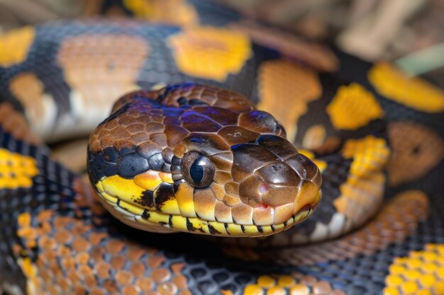 Close-up von Wildschlangenkopf-Python mit Schuppen in der Natur auf gelbem Hintergrund