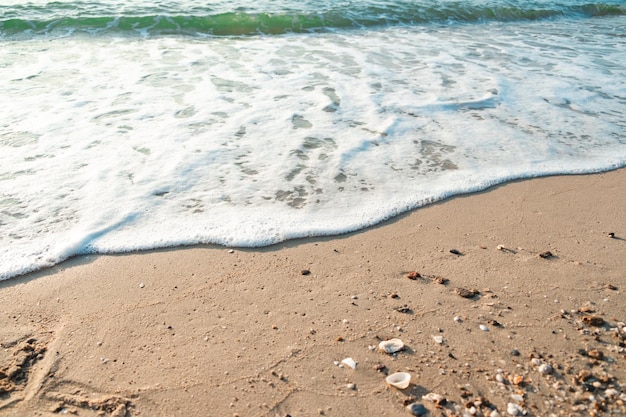 Close Up Wave Sand Beach Sea Foam Nahaufnahme der Meereswelle mit Schaum auf Strandsand Urlaub Sommer Hintergrund