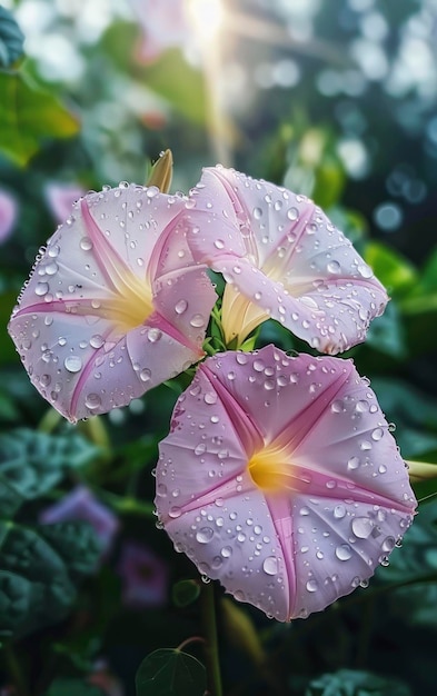 Close-ups de algumas flores da glória matinal salpicadas com algumas gotas de água