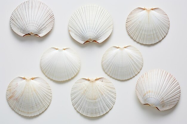 Close-ups de conchas brancas com sutil iridescência