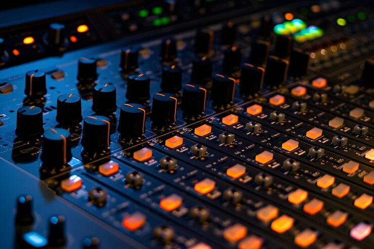 Close ups en ingeniero de sonido con sonido de estudio y mezclador visual utilizado para medios