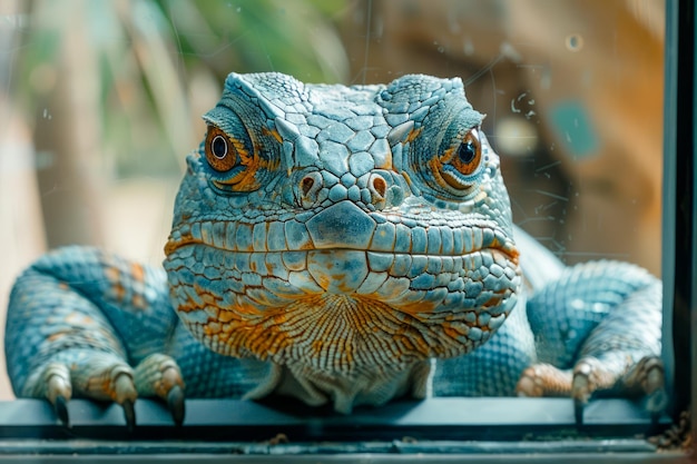 Un close de una vibrante iguana azul mirando a través del vidrio con una mirada curiosa en un entorno natural