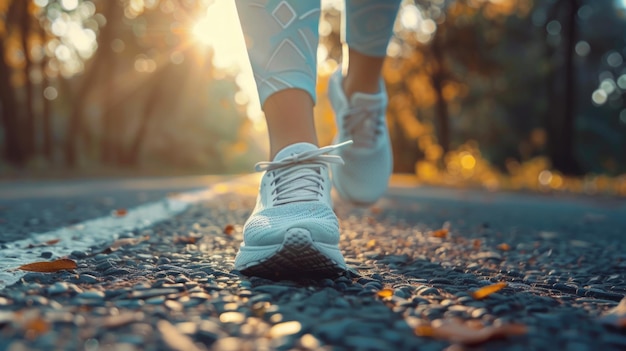 Close en el zapato corredor atleta pies corriendo por la carretera bajo la luz del sol por la mañana