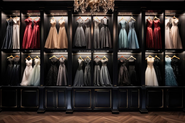 Closet con gama de vestidos de noche formales y vestidos AI generativa
