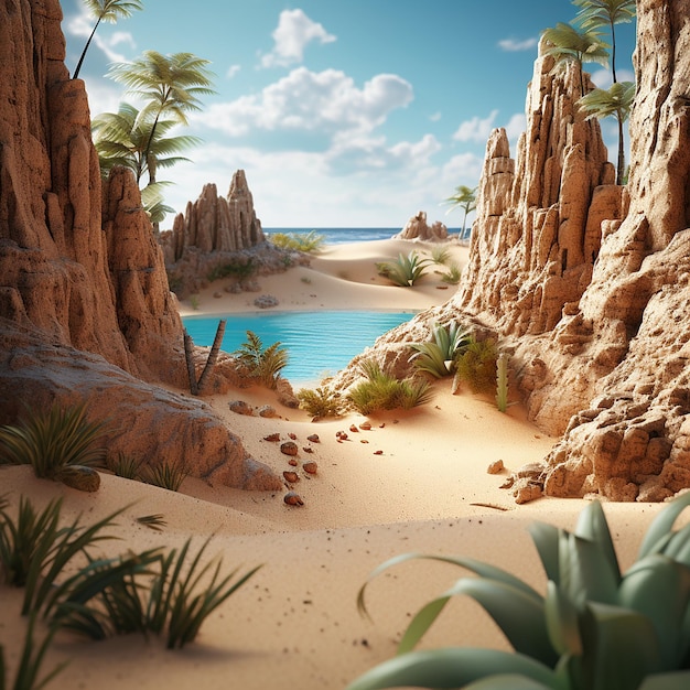 Closeup 3D render areia e paisagem tropical