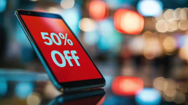 Closeup de 50 de descuento Black Friday Sticker en teléfonos inteligentes Electrónica Concepto de venta de descuento con espacio de copia para el texto