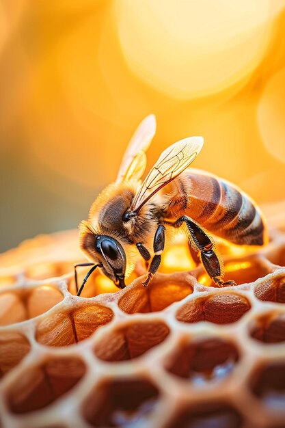 Foto closeup de una abeja sentada en un panal de miel