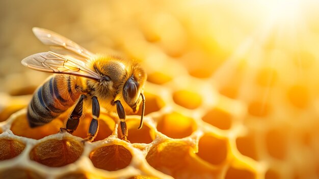 Foto closeup de una abeja sentada en un panal de miel