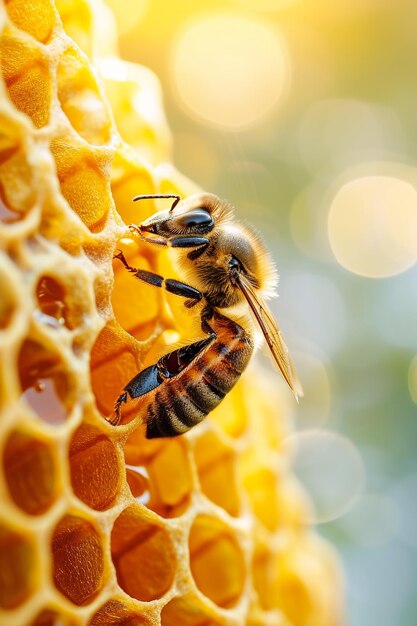 closeup de una abeja sentada en un panal de miel