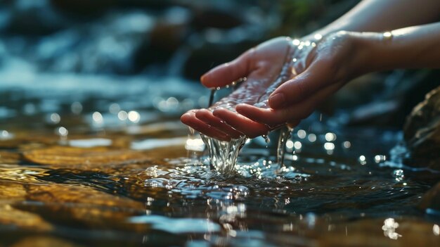 Closeup del agua que fluye en las manos de una mujer que ilustra un concepto de la naturaleza contra un jardín b