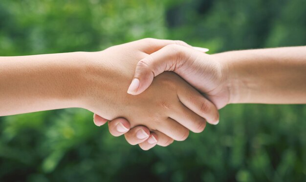 Closeup al aire libre y personas con apretón de mano para saludar apoyo y motivación con confianza solidaria amigos de la naturaleza y asociación con apretones de mano para conexión de acuerdo y éxito por zoom