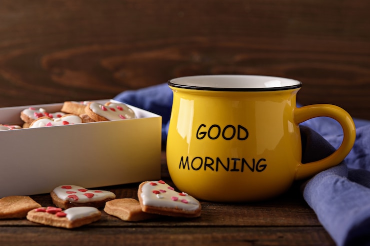 Foto closeup alegre manhã com uma xícara de café ou chá amarelo com caixa de corações de cookies em fundo de madeira, conceito de bom dia
