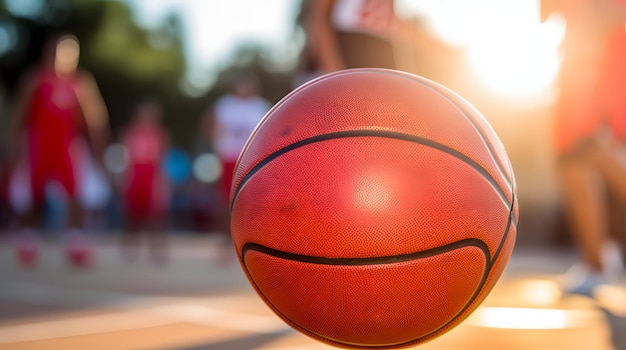 Closeup de un baloncesto en la cancha con jugadores en el fondo