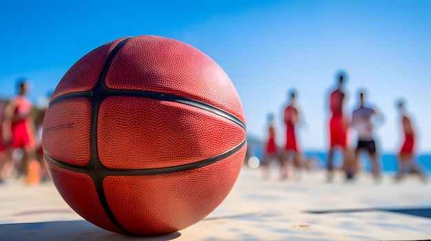 Closeup de un baloncesto en la cancha con jugadores en el fondo