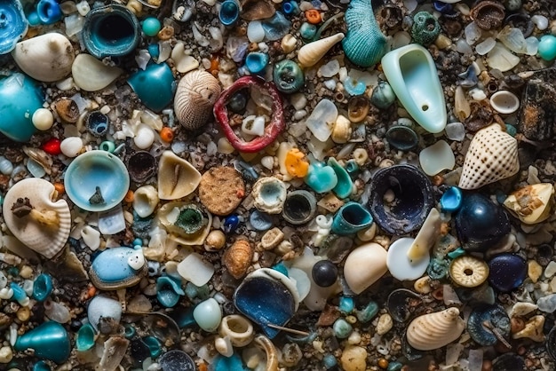 Closeup basura arrojada a la playa AI generativa