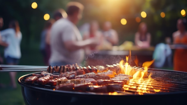 Closeup BBQ-Grill und Blur-Familientreffen im Freien