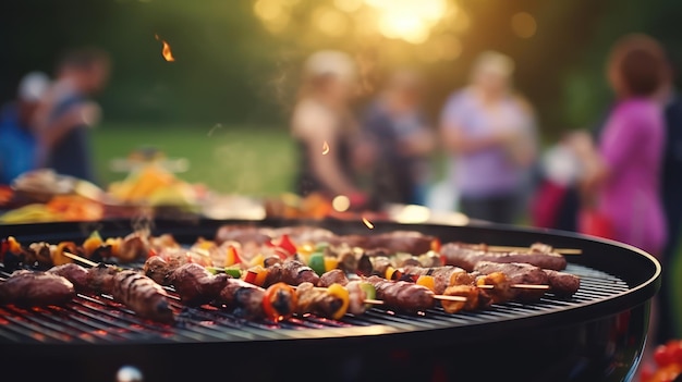 Closeup BBQ-Grill und Blur-Familientreffen im Freien