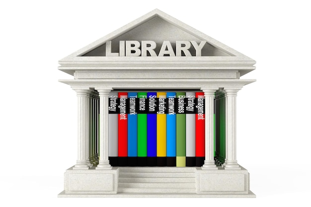 Closeup Bibliotheksgebäude mit Büchern auf weißem Hintergrund