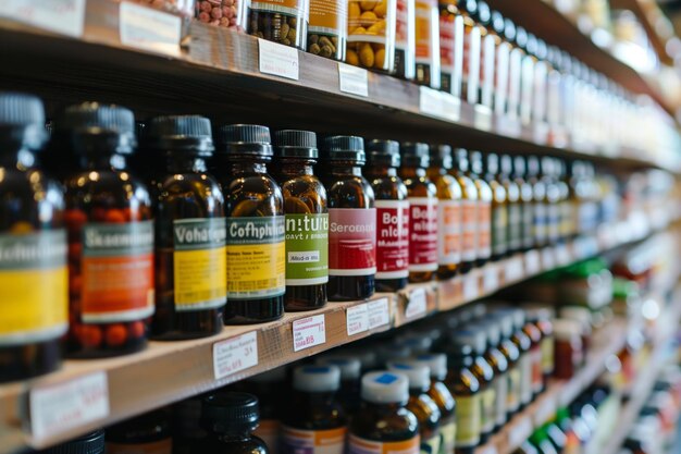 Closeup de botellas de suplementos de salud variados ordenadamente dispuestos en un estante en una tienda de bienestar AI Gene