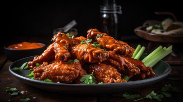 Closeup Buffalo Wings con verduras cortadas en un plato negro y fondo borroso