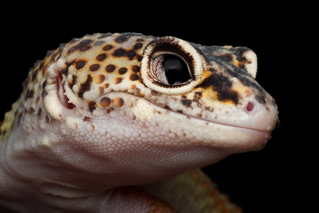 Closeup cabeza Gecko lemonfrost macksnow enigma sobre fondo negro